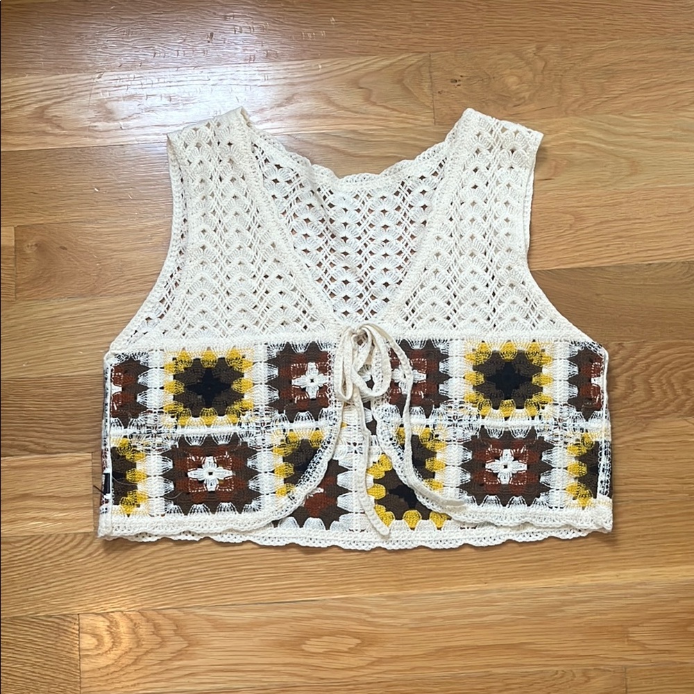 Crochet Knit Sleeveless Top - Cream, Brown, Yellow